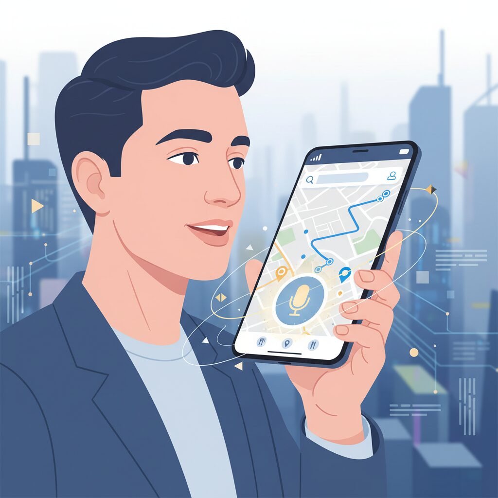 Googleマップアプリを開いたスマートフォンに、人が自然な言葉で話しかけている。ルート上のレストランを見つけるための複雑な多段階の質問をしている様子。マイクアイコンの周りがかすかに光り、Gemini AIがリクエストを処理していることを示している。