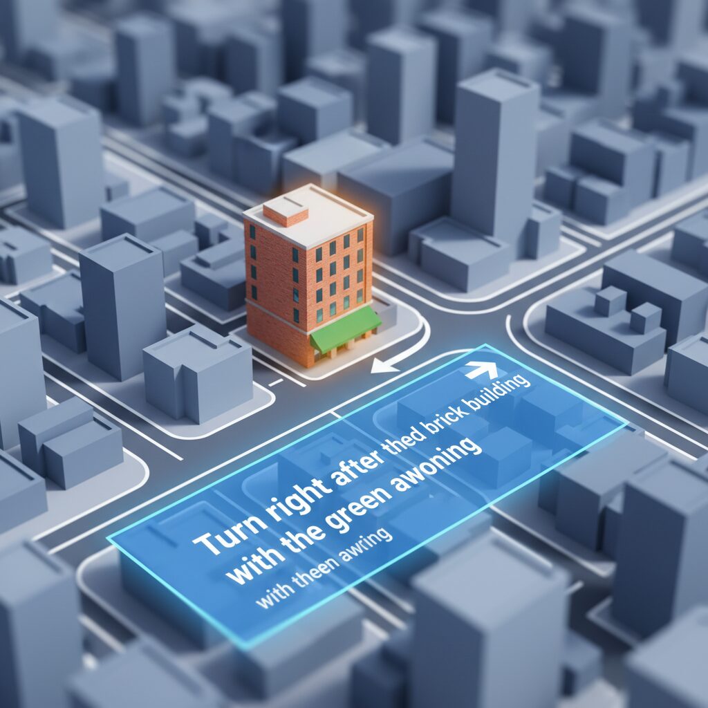 複雑な都市の交差点を上から見た図。Googleマップには「緑のひさしのある赤いレンガの建物の後を右折」といった、明確でランドマークに基づいた指示が表示されている。地図上では実際にその赤いレンガの建物がハイライトされている。