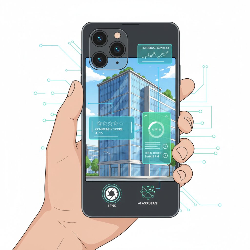 スマートフォンカメラが建物に向けられ、Googleマップアプリ内でGoogle LensとGemini AIが建物の歴史、評価、営業時間などの情報をライブカメラフィードに直接オーバーレイ表示している。