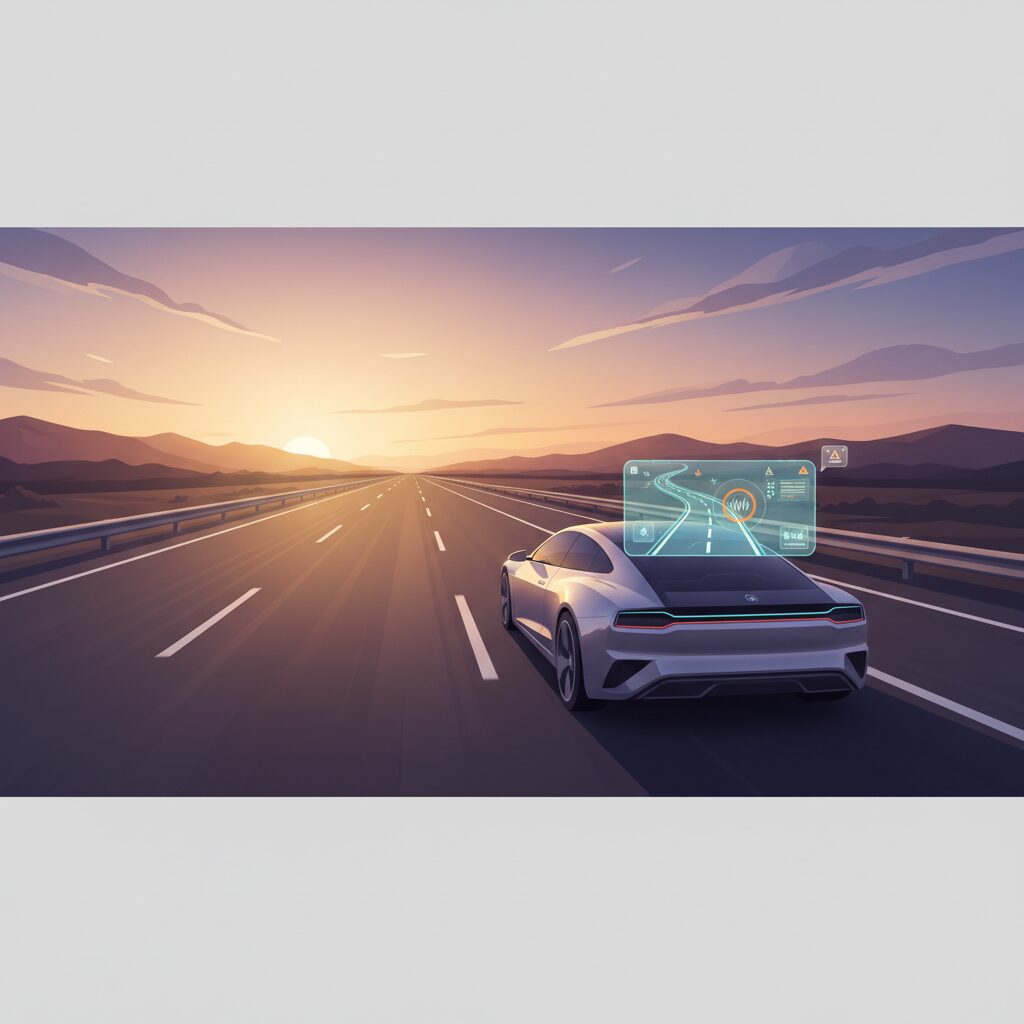 夕暮れの穏やかな高速道路の風景。車がスムーズに走行している。GoogleマップとGemini AIが前方の交通状況を静かに監視し、数マイル先の潜在的な減速をナビゲーション画面にさりげなく表示してドライバーに事前に警告している。