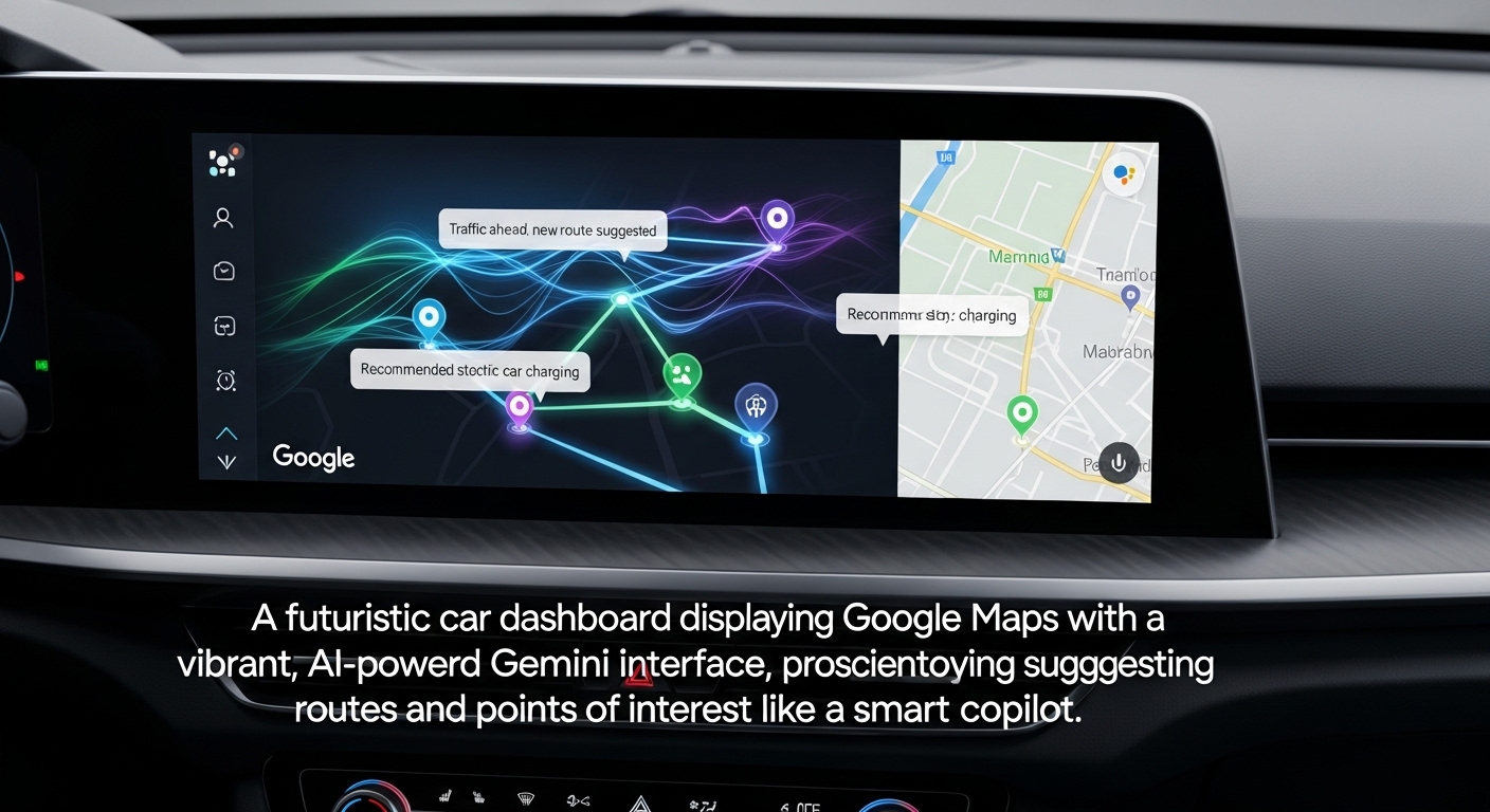 Gemini AIが搭載されたGoogleマップのインターフェースが、運転中にドライバーをスマートにサポートしている様子。AIアシスタントのアイコンと、パーソナライズされたルート案内、周辺情報の表示が融合している。