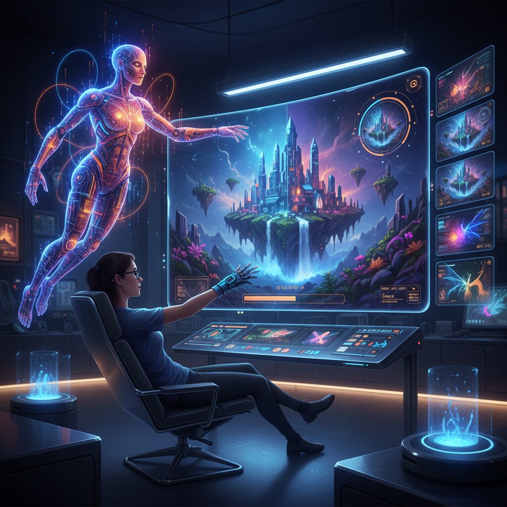 未来的なデジタルアートスタジオで、人間のデザイナーが光るAIインターフェースと協働し、高解像度の画像生成と複雑なシーンのリアルタイム編集を行っている様子。AIが創造性を拡張する未来の作業風景。