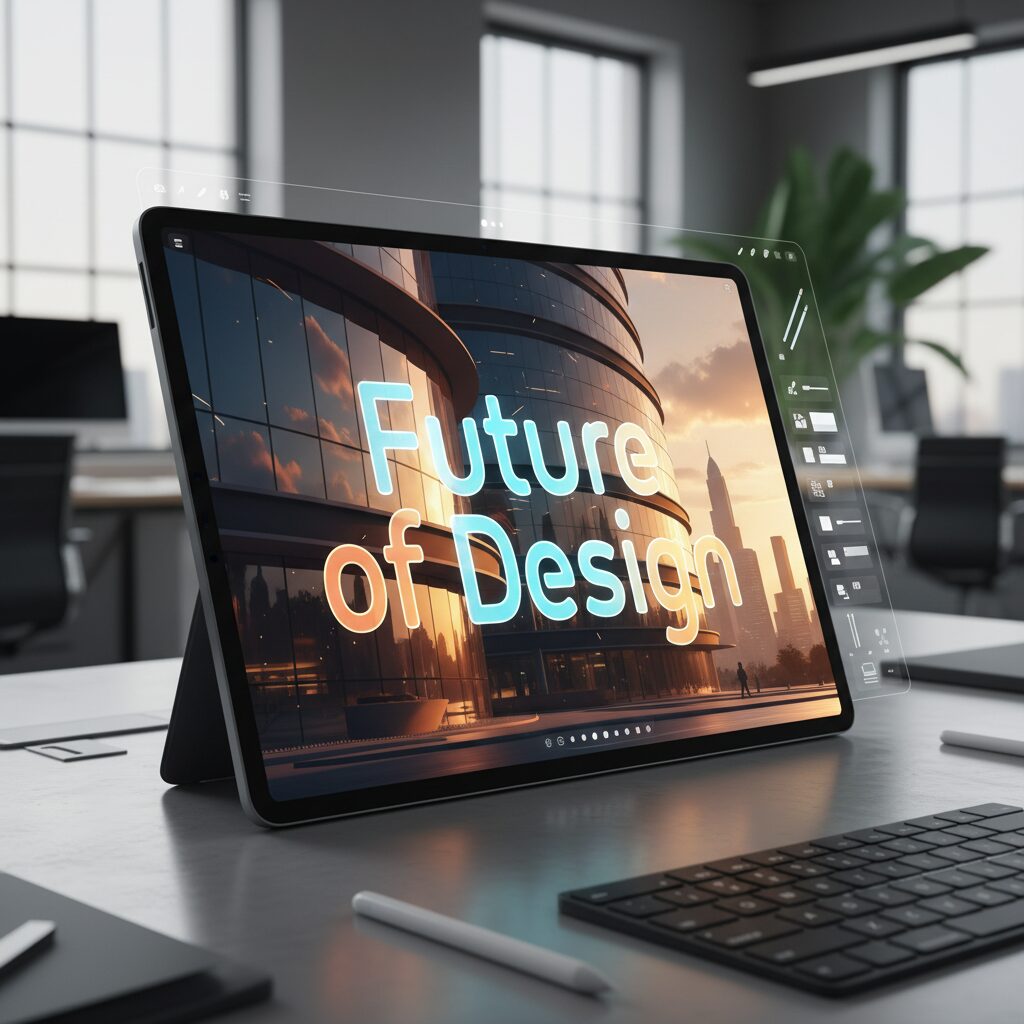 画面に表示された、シーンの遠近感と照明に完全に調和したテキストがシームレスに編集された画像。Nano Banana Proの高度なテキストレンダリング能力を示しており、『Future of Design』というスタイリッシュな文字が読み取れる。