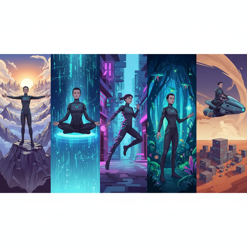 AIによって生成された、顔の特徴と衣装が一貫した5人のキャラクターが、それぞれ異なるポーズや環境で描写されたパノラマ画像。モデルのキャラクター一貫性維持能力が示されている。