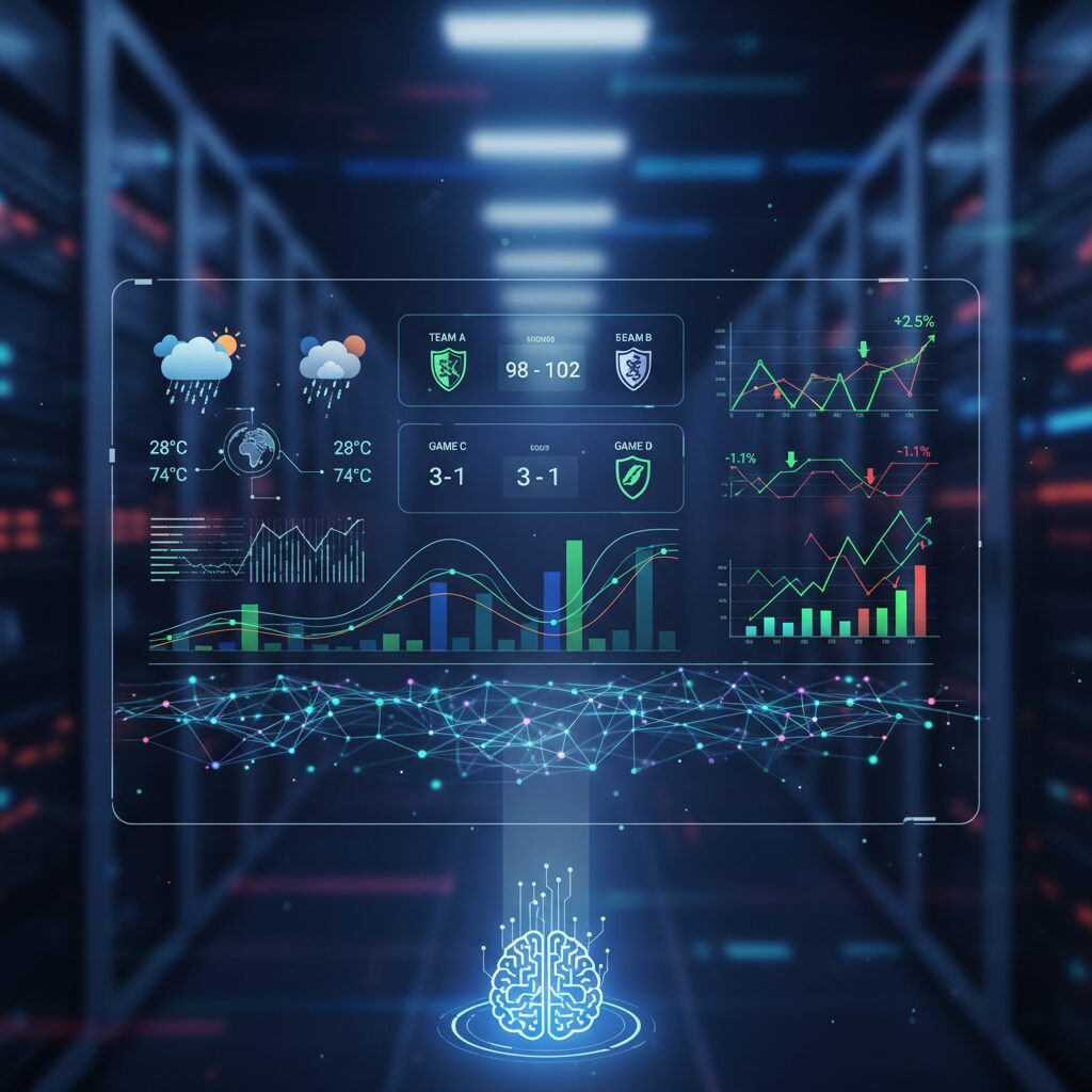 リアルタイムの気象データ、スポーツのスコア、株価のトレンドが美しく動的に更新されるインフォグラフィック。Nano Banana Proの事実に基づいた画像生成能力を強調している。