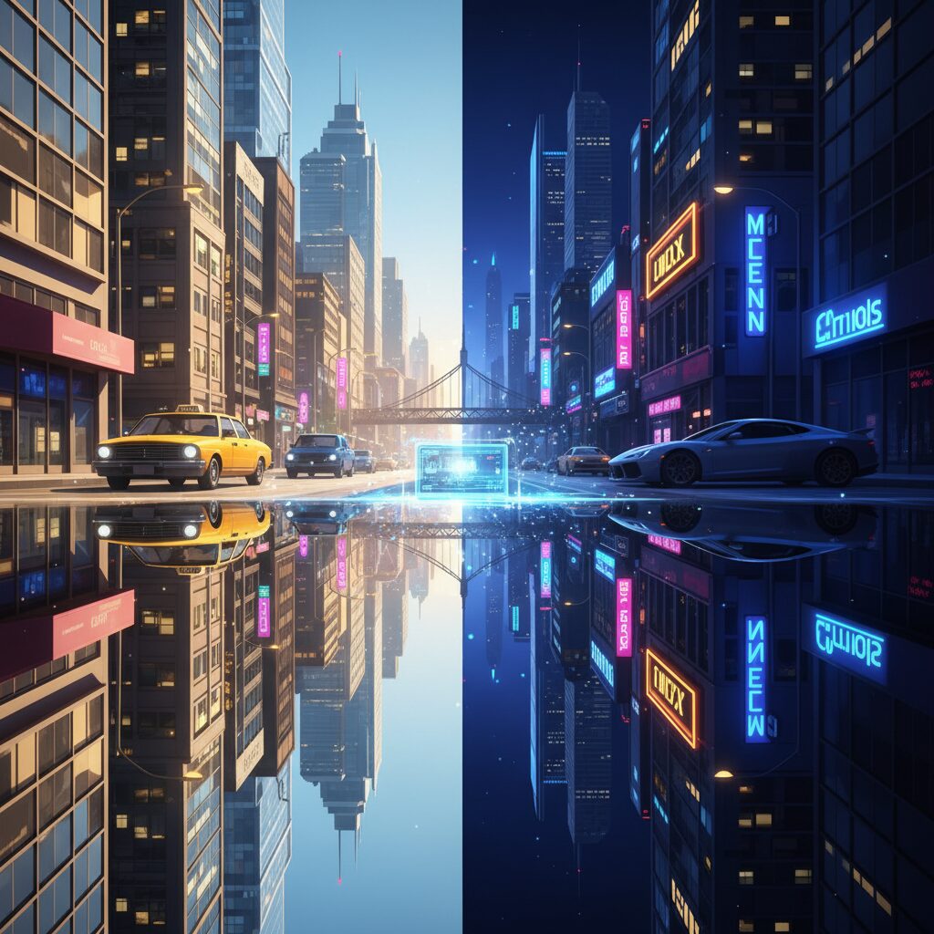 ストリートの風景がたった一つの指示で劇的に昼から夜へと変化し、車や建物が元の位置を保っている写真。高度なライティングとシーン制御機能を示している。