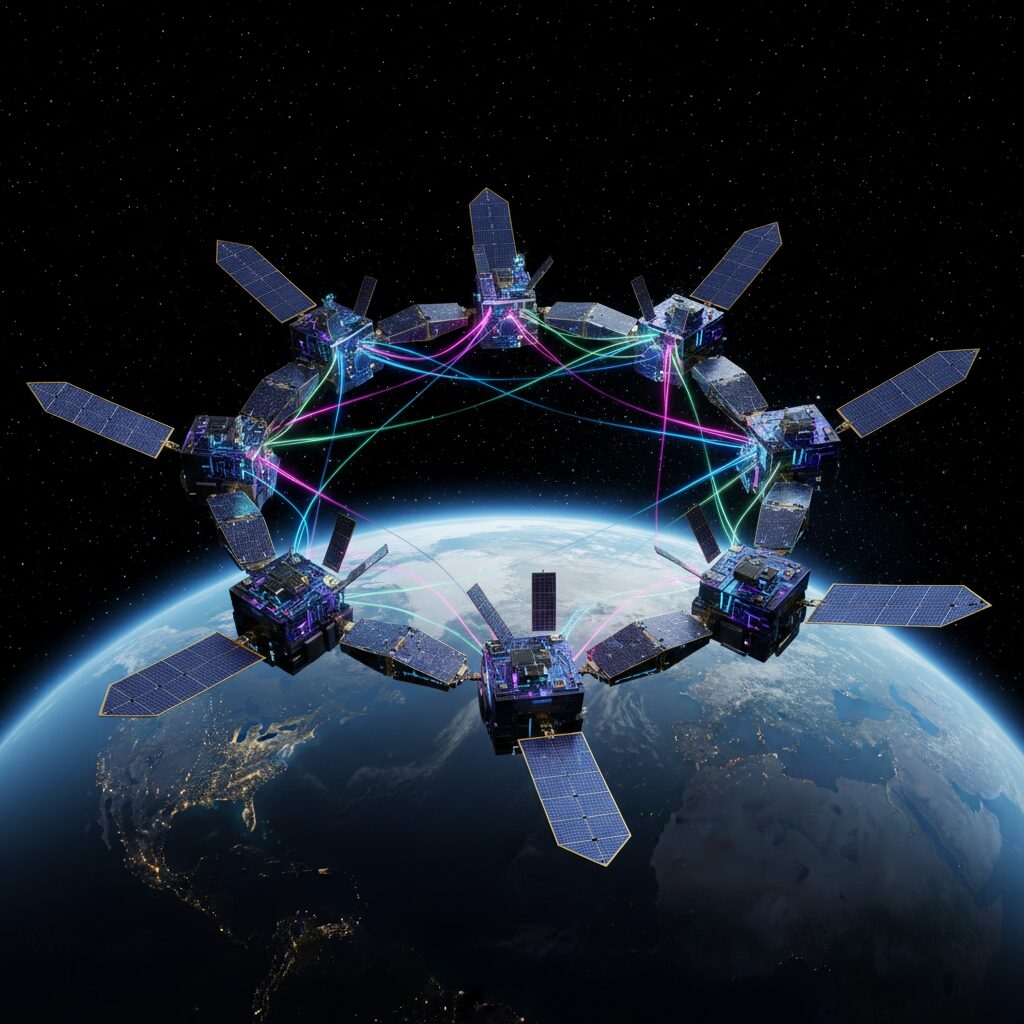 地球軌道を周回する、広大なソーラーパネルで電力を賄う未来的なAIデータセンター衛星群。ユニット間でデータストリームが光の線となって流れており、背景には青い地球が宇宙の暗闇に浮かんでいる。