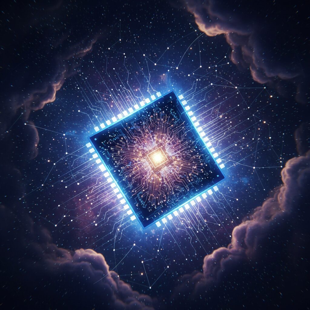 星の光に囲まれ、エネルギーで輝くGoogleのTPU（Tensor Processing Unit）チップのクローズアップ。宇宙での高度なAI演算を象徴している。