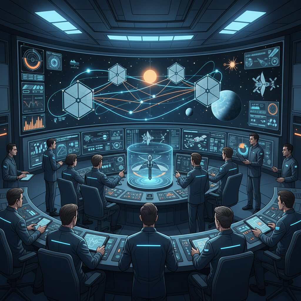 管制室で、複雑な衛星フォーメーションとデータリンクの視覚化が表示されたスクリーンを見つめる科学者たち。「Project Suncatcher」のプロトタイプ打ち上げを監督している様子。