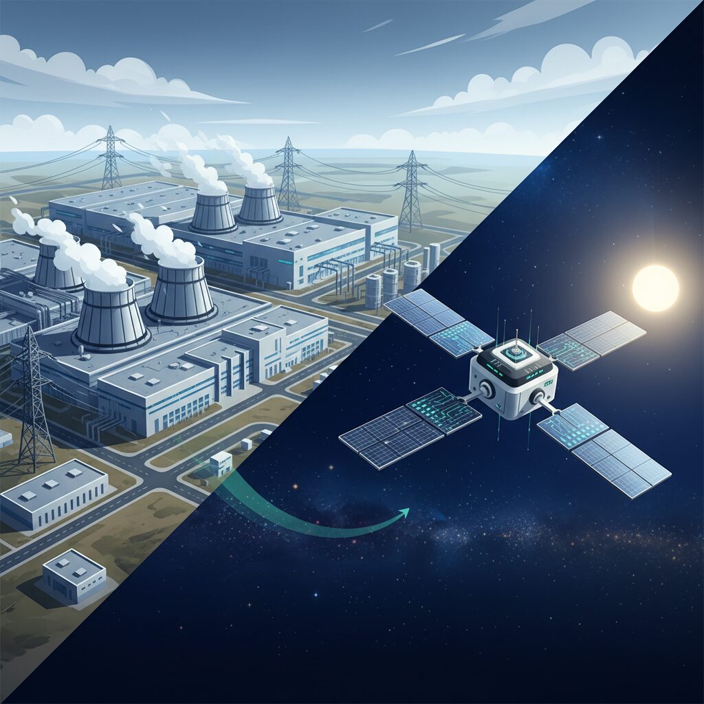 比較画像：片方には冷却塔と送電線が広がる地上のデータセンター、もう片方には静寂な宇宙空間に浮かぶ、太陽光で動く洗練されたAI衛星。環境への利点を強調している。