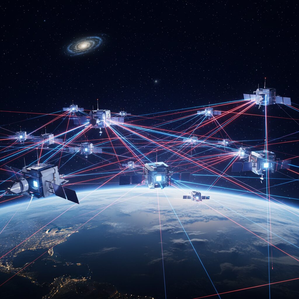 低軌道で密集した相互接続ネットワークを形成する複数のAIデータセンター衛星の概念図。レーザー光線が衛星間の高帯域通信を表している。