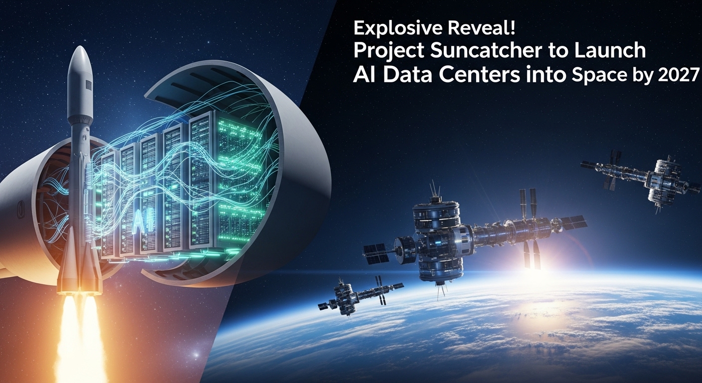 広大な宇宙空間に浮かぶ、太陽光パネルを搭載したGoogleのAIデータセンター衛星群。青い地球を背景に、無数のデータが光の線となって行き交う様子が描かれている。