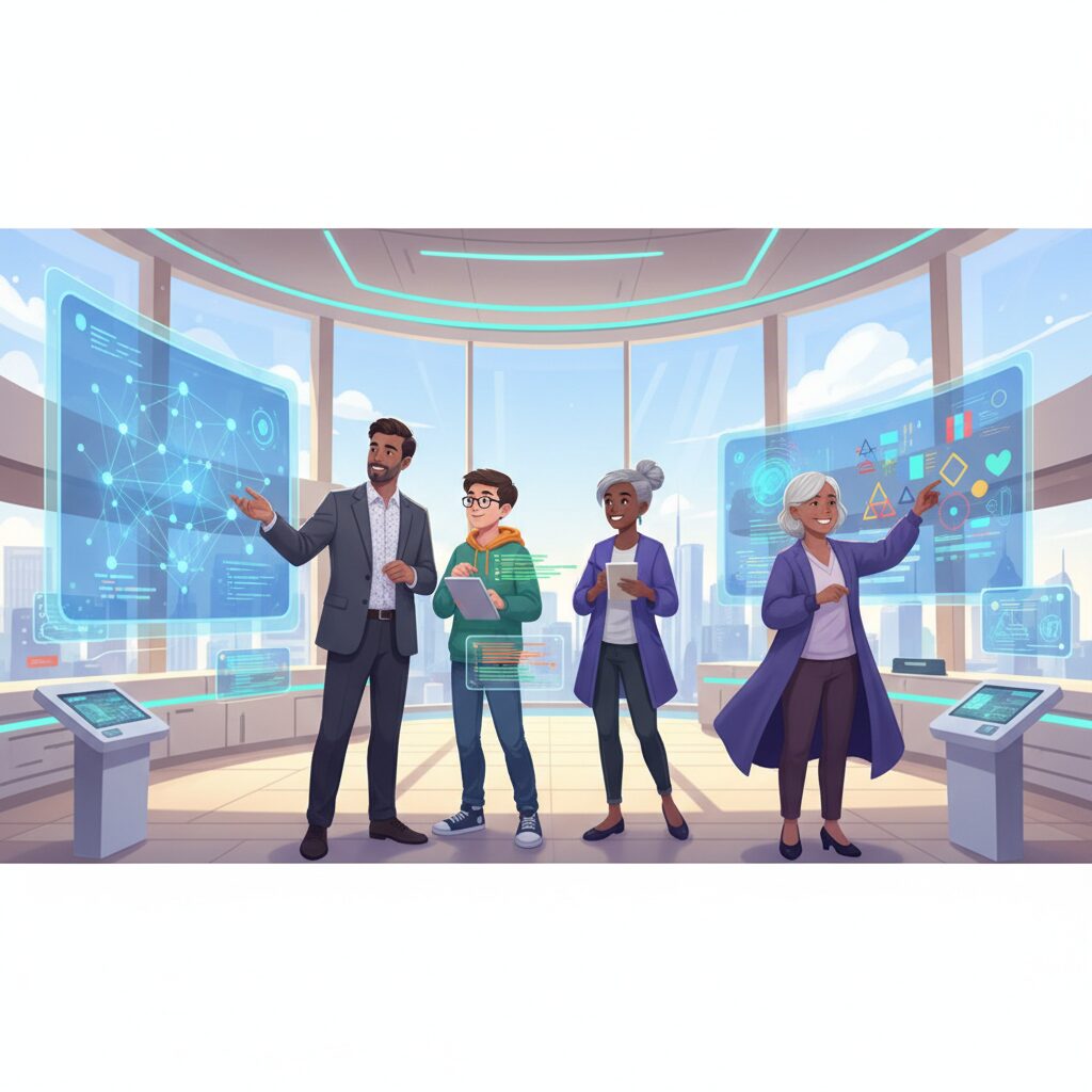 様々な背景を持つ人々（ビジネスパーソン、学生、デザイナー、年配の学習者など）が、明るく未来的な学習環境で協力し合いながら、AI学習に取り組んでいる様子。彼らは、ホログラフィックなスクリーンやデジタルタブレットを操作しており、画面にはニューラルネットワーク、データフロー、コード、生成AIのパターンなど、AIの概念が抽象的かつ視覚的に表現されている。誰もがAIスキルを習得できる未来の教育を象徴する、活気に満ちた希望に満ちた情景。