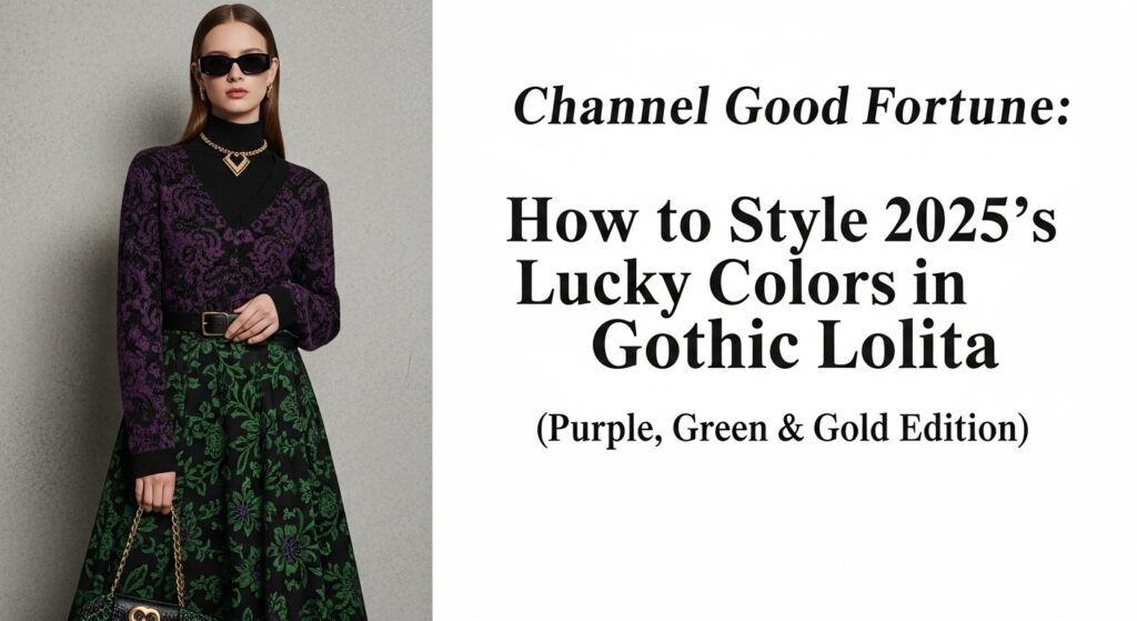 2025年の開運カラーであるパープル、グリーン、ゴールドを取り入れたゴシック＆ロリータファッションのコーディネートを纏った女性。