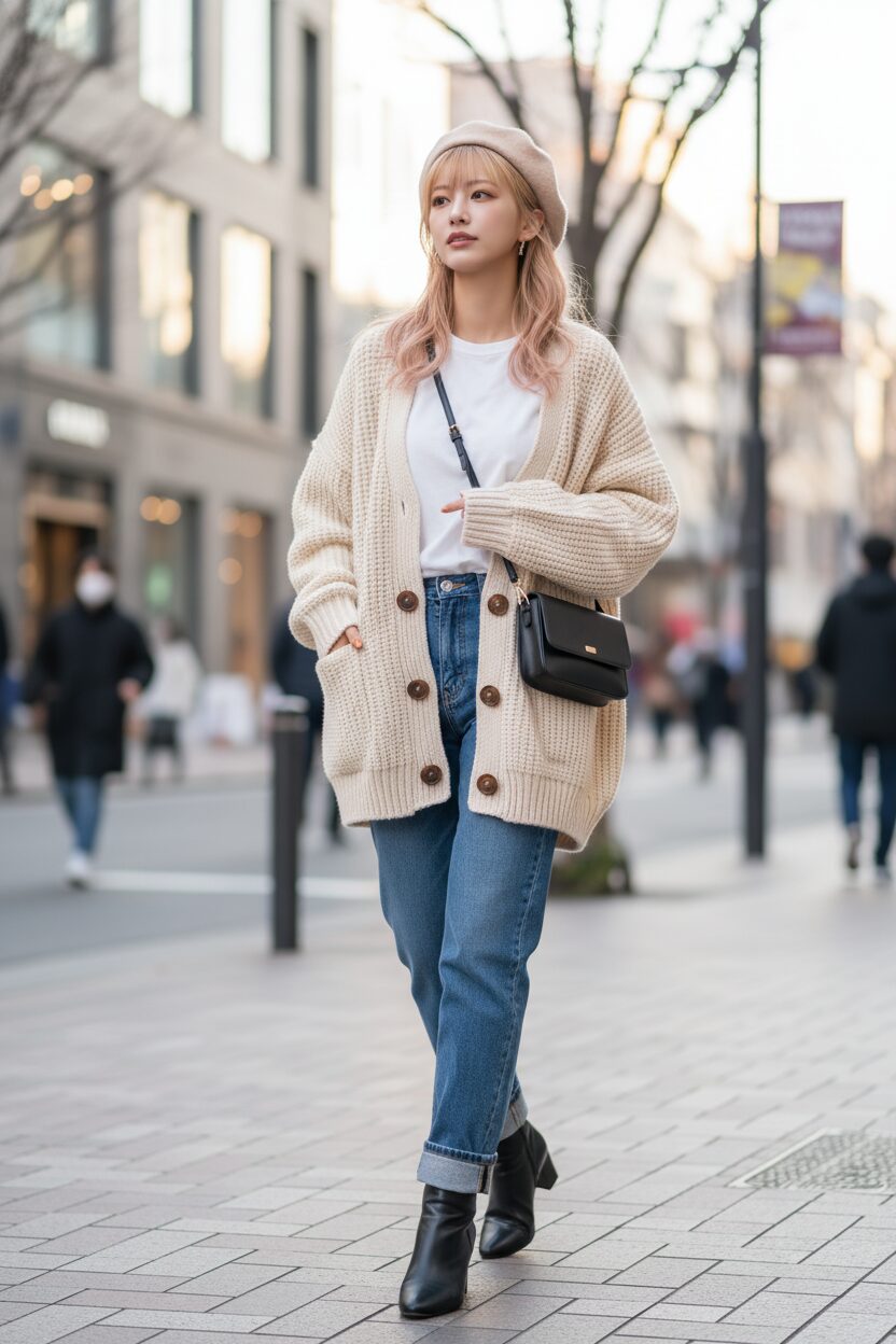 冬の東京のお洒落な通りを歩く30代前半の日本人女性。クリーム色でヴィンテージ風のボタンが付いた、オーバーサイズのチャンキーニットのグランパカーディガンを着用。白いTシャツとストレートジーンズに黒のアンクルブーツを合わせ、エフォートレスでシックな雰囲気を醸し出している。午後の柔らかな光の中でのストリートスナップ風写真。