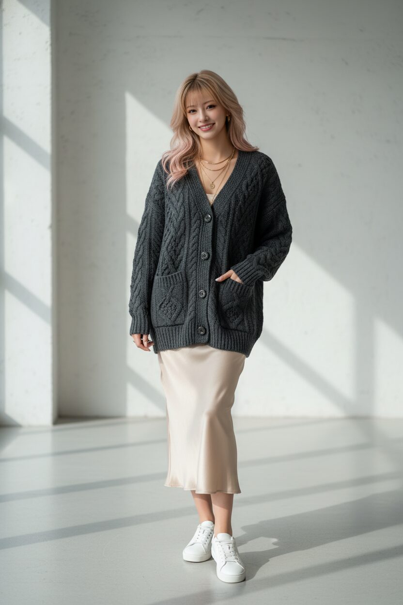 ミニマルな室内でポーズをとる女性のファッション写真。ダークグレーで少しオーバーサイズのグランパカーディガンと、シャンパンカラーのサテンスリップスカートを合わせている。ニットとサテンの対照的な質感が際立つコーディネート。華奢なゴールドのネックレスと白のスニーカーを合わせている。プロによる撮影。
