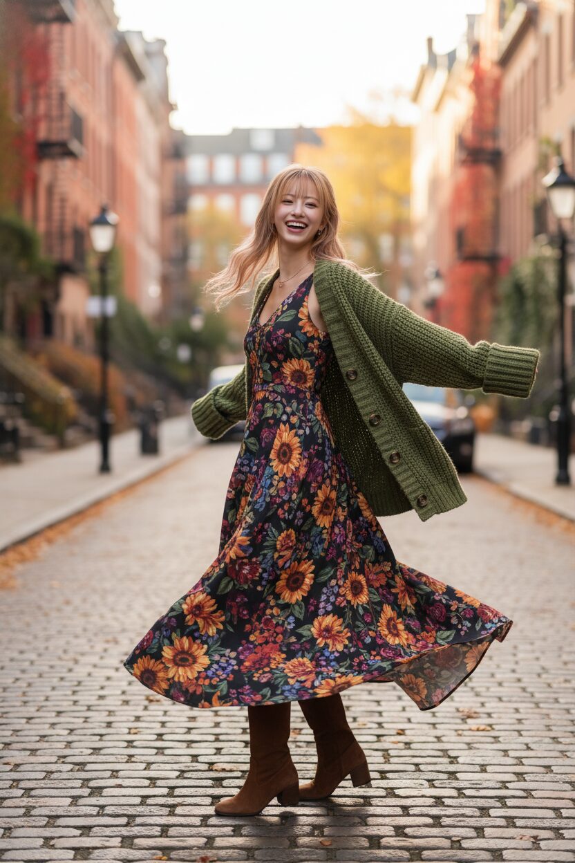 秋の街角で楽しそうに回る女性。花柄のロングワンピースの上に、モスグリーンのチャンキーなグランパカーディガンを羽織っている。ブラウンのスエードブーツを合わせた、動きのあるレイヤードスタイル。夕暮れ時の美しい光の中で撮影されたストリートスナップ。