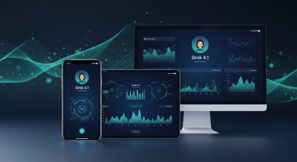 青い光を放つ高度なAIチップが、スマートフォンの画面とXのロゴが重なるように配置された、未来的なデジタルインターフェースの中央に浮かんでいる。Grok 4.1が全プラットフォームで利用可能になったことを象徴している。