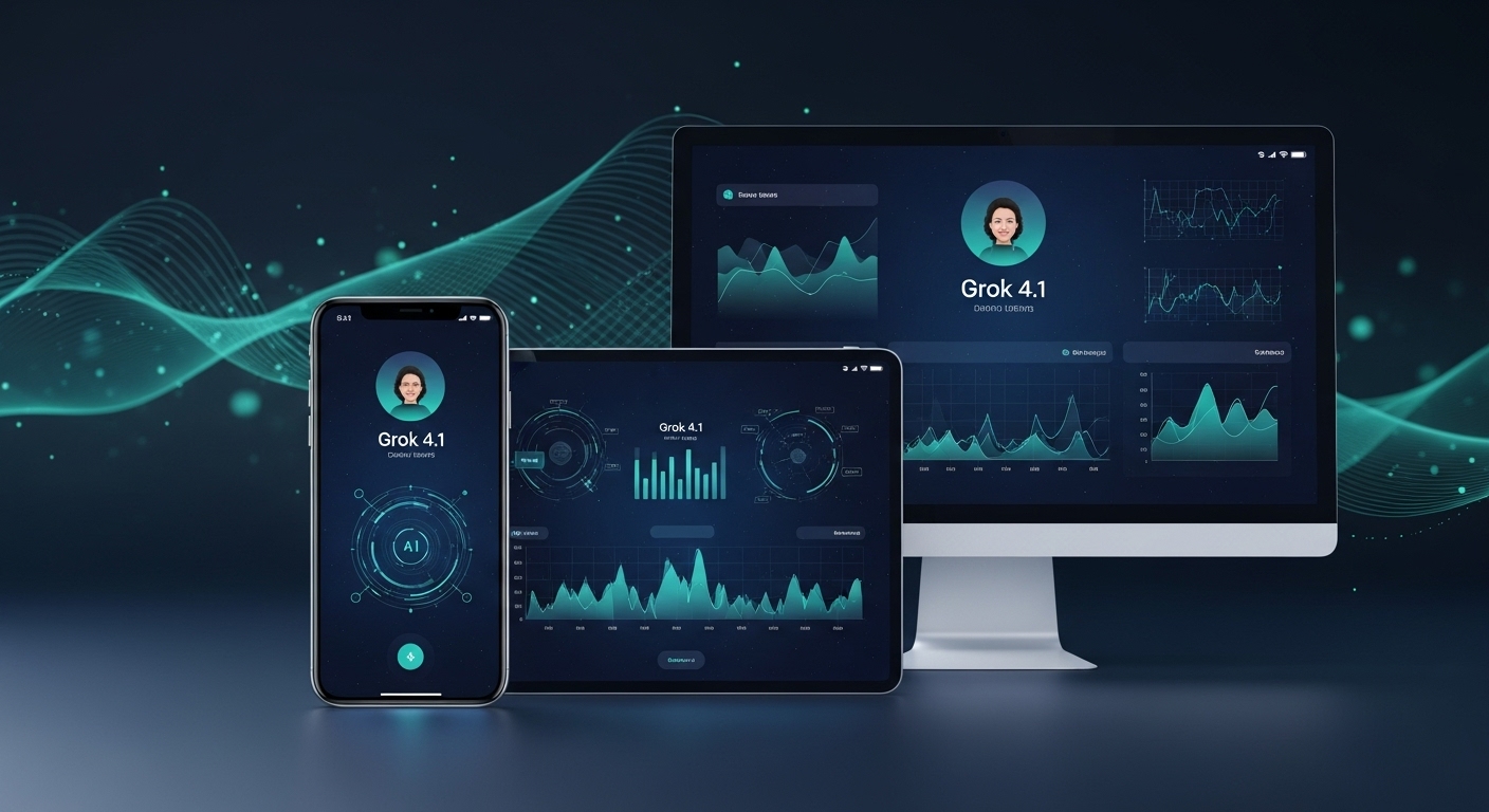 青い光を放つ高度なAIチップが、スマートフォンの画面とXのロゴが重なるように配置された、未来的なデジタルインターフェースの中央に浮かんでいる。Grok 4.1が全プラットフォームで利用可能になったことを象徴している。