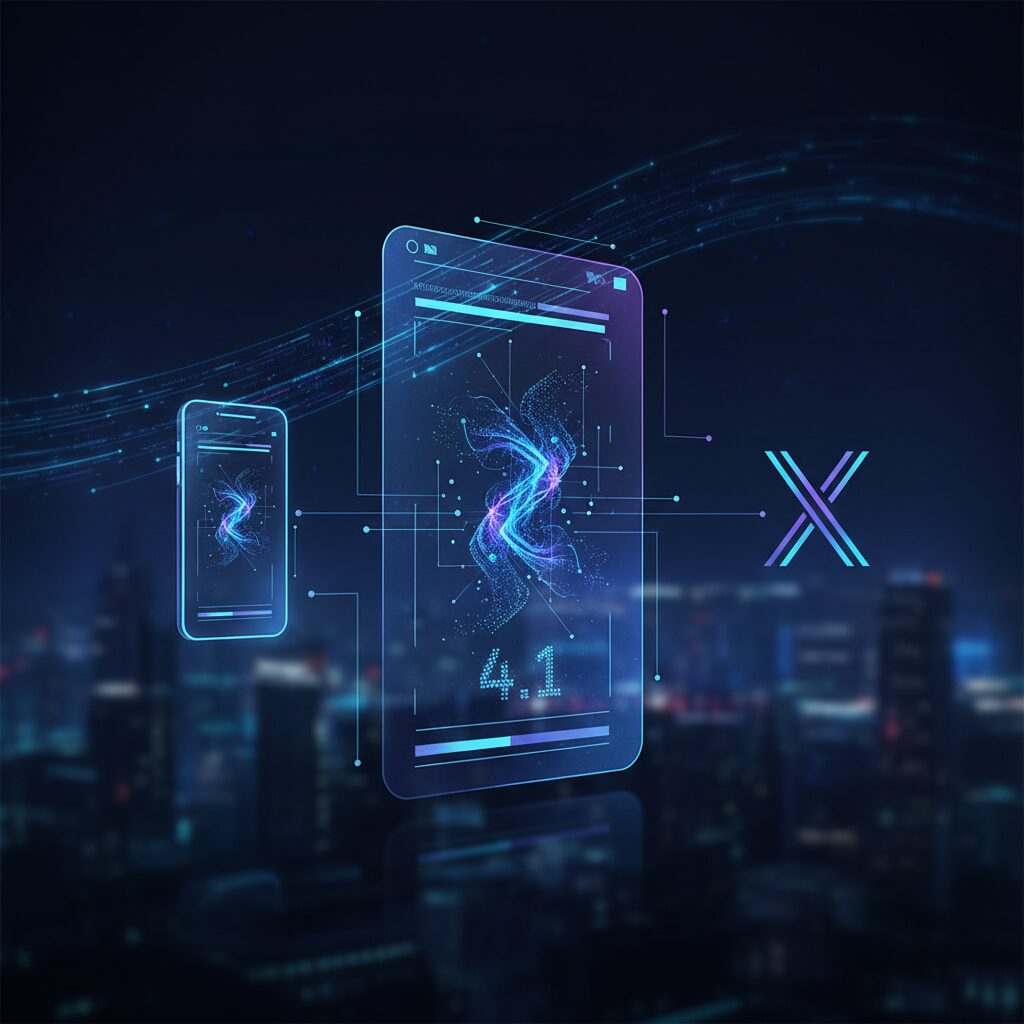 ダイナミックなデータ視覚化、スマートフォンアイコン、Xロゴが表示された、洗練された未来的なデジタルインターフェース。Grok 4.1がモバイルとウェブプラットフォームで普遍的にアクセス可能になったことを示しており、知性とつながりを強調している。