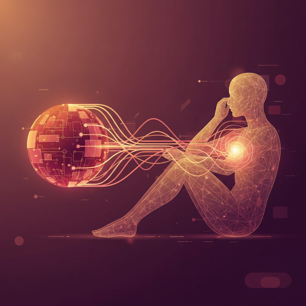 AIチャットボットが深く共感的な会話をしている抽象的な表現。AIの核と人間のシルエットを光る線がつないでおり、強化された感情的知能と協調的なインタラクションを示している。暖色系の配色。
