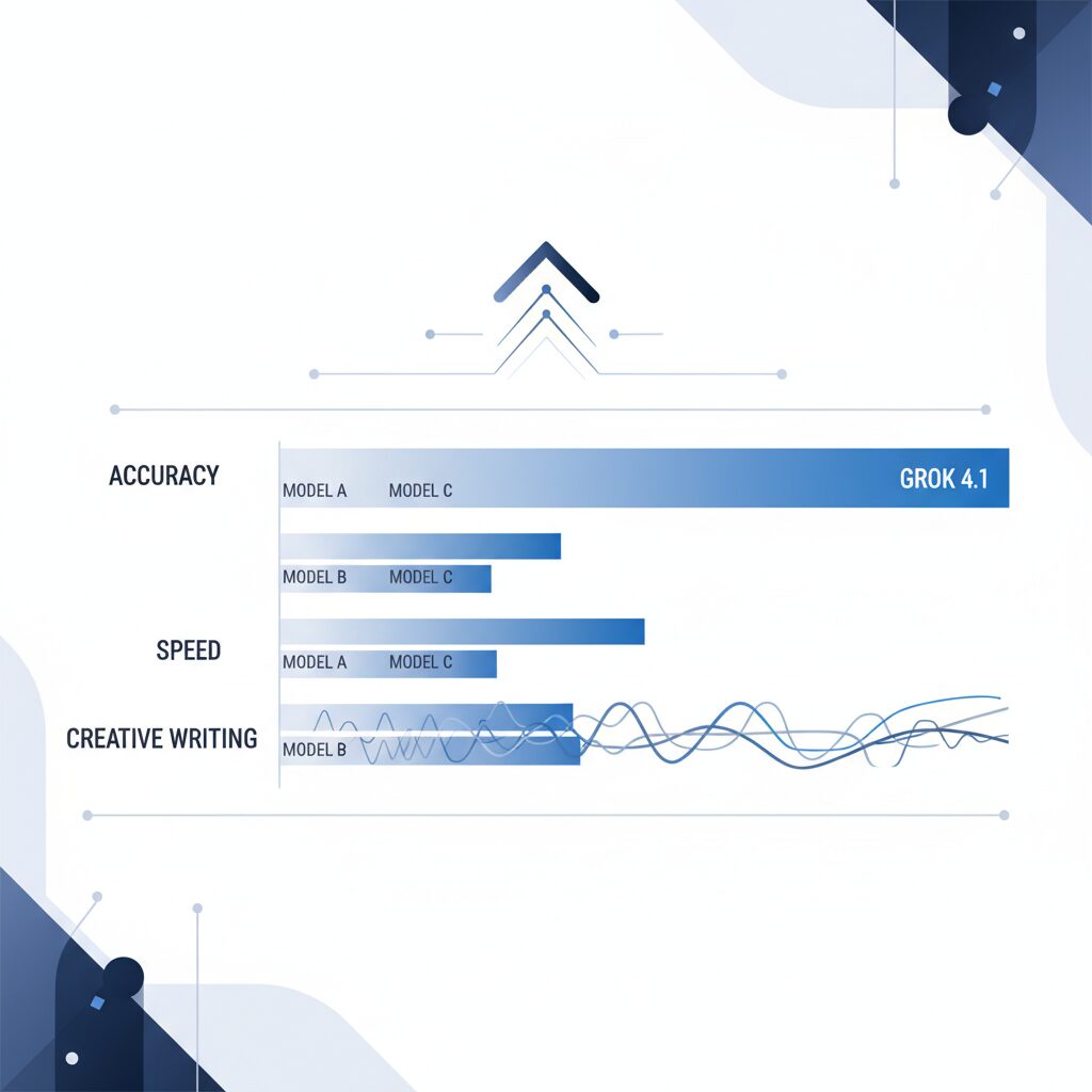 Grok 4.1が以前のAIモデルを精度、速度、創造的ライティングの点で大幅に上回っていることを示す比較チャート。パフォーマンス指標が明確なグラフィックで表現されており、モダンでクリーンなデザイン。