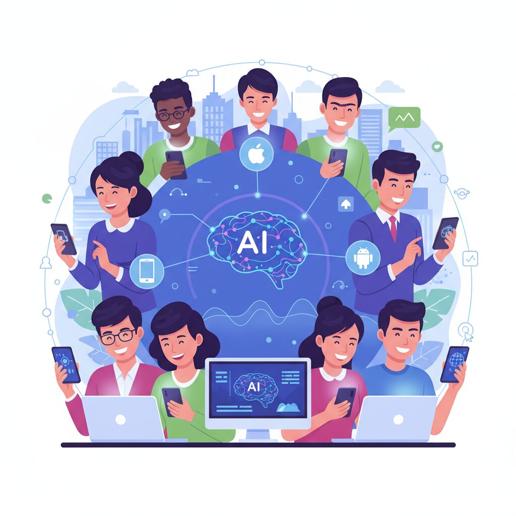 世界中の多様な人々がスマートフォンやコンピューターを使ってGrok AIと対話している様子。iOS、Android、ウェブでのグローバルな利用可能性を象徴しており、興奮と使いやすさを表現している。