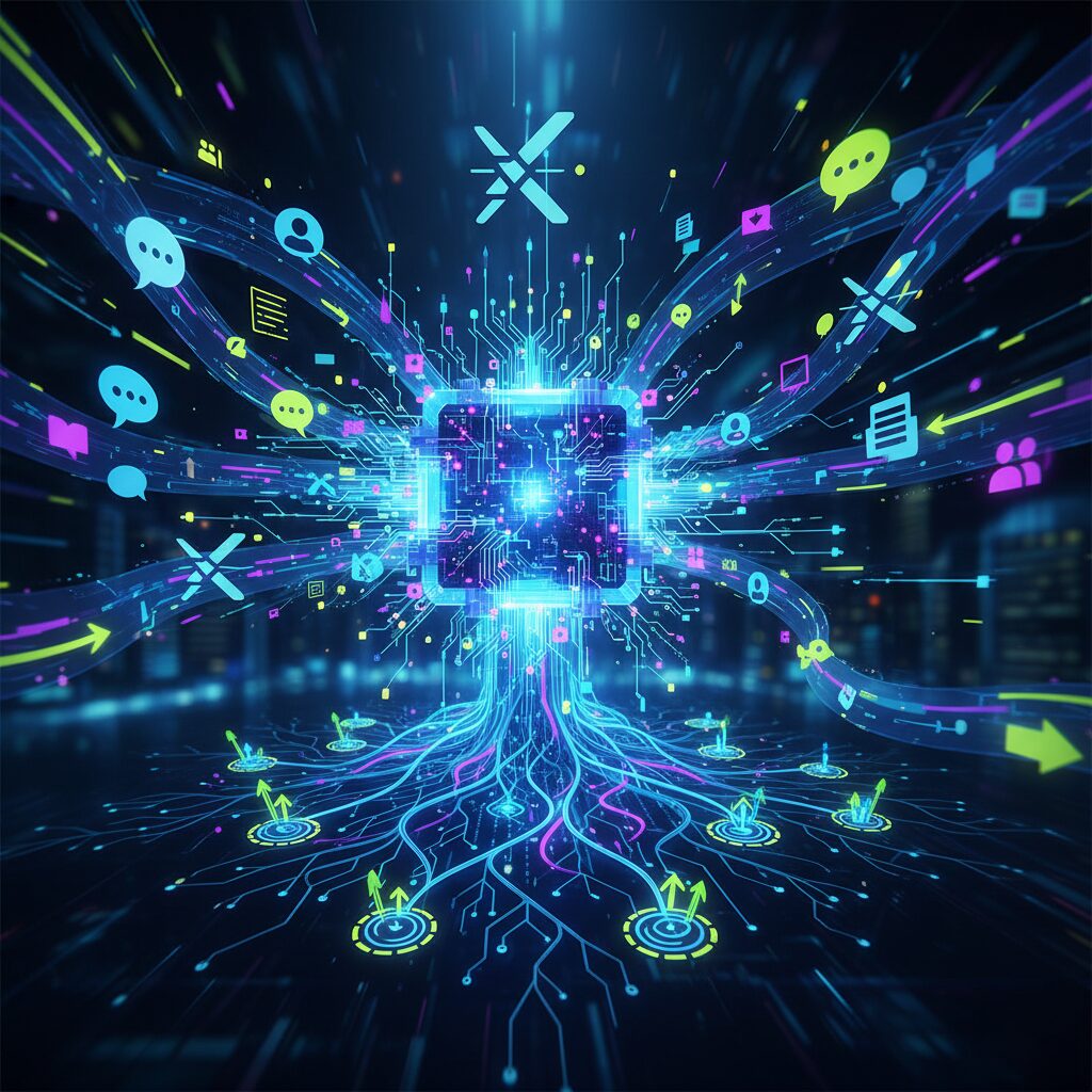 ソーシャルメディアのフィードから膨大なリアルタイムデータを処理するAIシステムの活気に満ちた描写。Xのロゴが目立ち、Grok 4.1の最新の認識能力を保証している。ペースが速くダイナミックな印象。