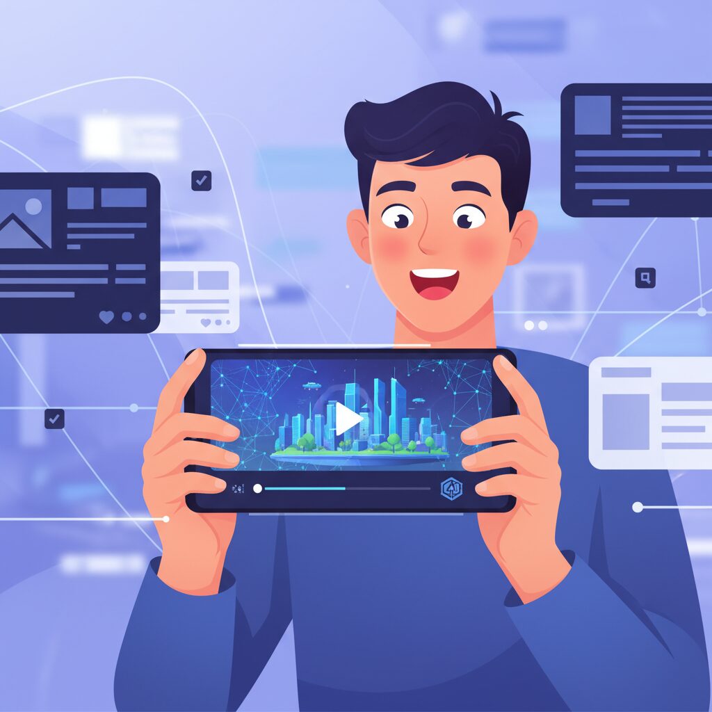 スマートフォンを持った人物がX（旧Twitter）アプリを使っており、Grokが生成した動画が再生されている。その人物は動画の品質に興奮し、驚いている様子。背景には活気あるソーシャルメディアのフィードが見える。