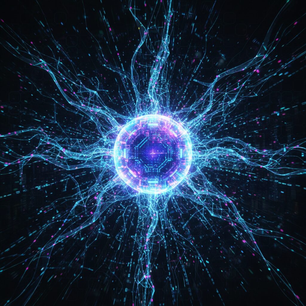 データストリームとニューラルネットワークに囲まれ、明るく光るAIのコア。Grok Imagineの動画生成機能の背後にある先進技術を象徴している。映画のような、ハイテクで暗い背景。