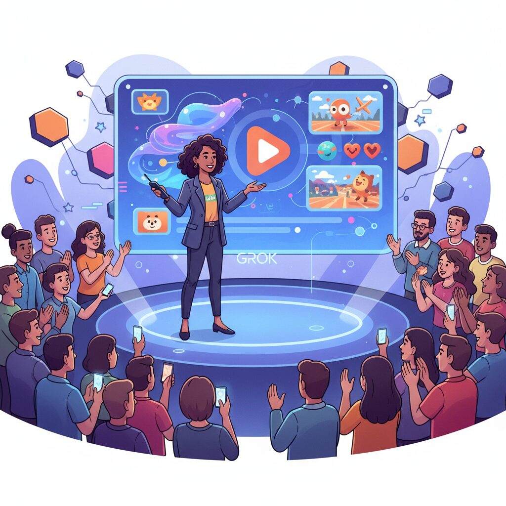 コンテンツクリエイターが、Grokによって生成された短く魅力的な動画を大きなスクリーンに自信を持って発表している。クリエイターは活気ある聴衆に囲まれており、AI動画ツールのアクセシビリティがもたらす影響を示している。