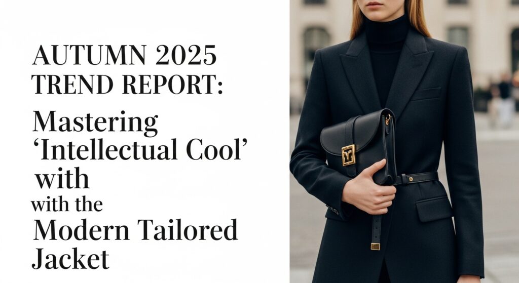 2025年秋のトレンドであるチャコールグレーのテーラードジャケットを着て、都会の街角に立つ知的な雰囲気の女性。