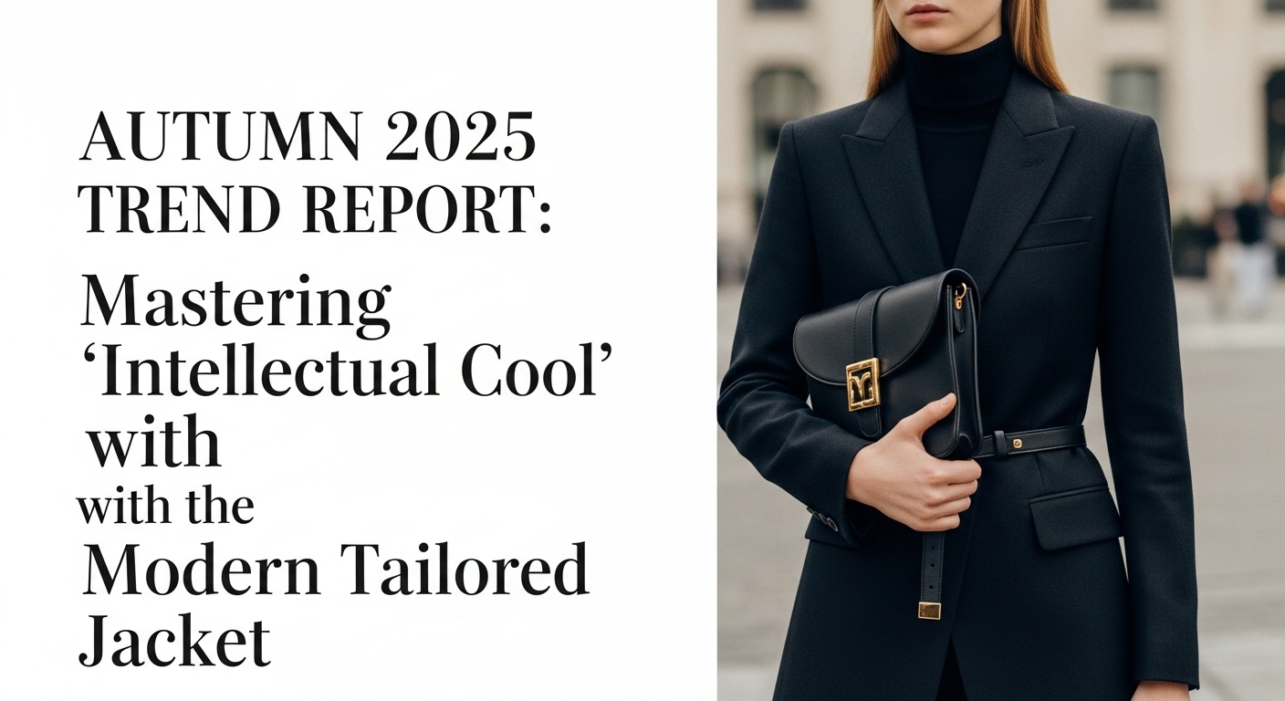 2025年秋のトレンドであるチャコールグレーのテーラードジャケットを着て、都会の街角に立つ知的な雰囲気の女性。