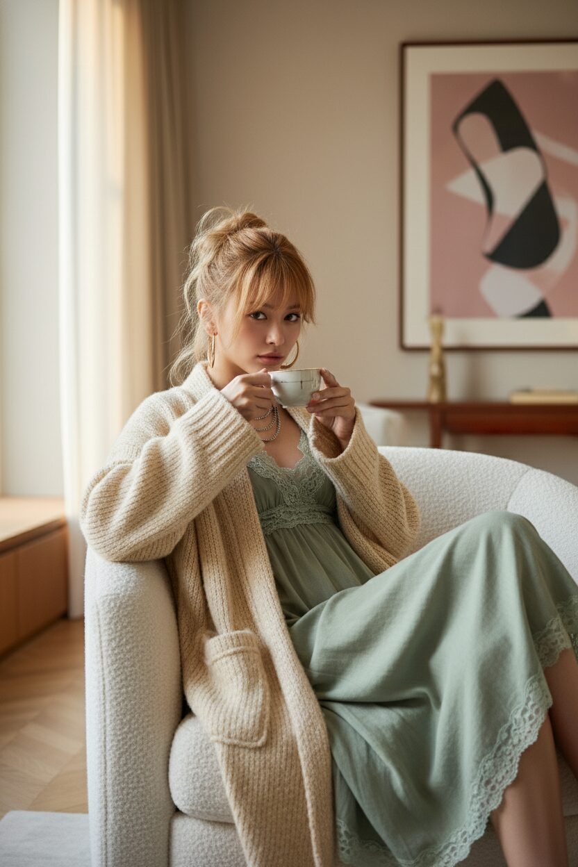 セージグリーンのリネンネグリジェの上に、クリーム色のカシミアローブを羽織ったスタイリッシュな女性。豪華なアームチェアに座り、ティーカップを持っている。シックでモダンなリビングルームで撮影された、温かみのある魅力的なファッション写真。