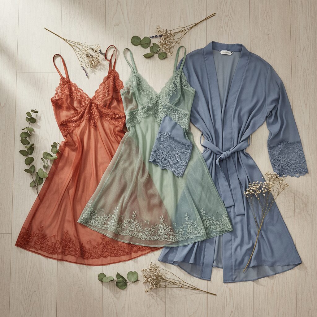 2025年のトレンドカラーであるテラコッタ、セージグリーン、ダスティブルーの薄手ネグリジェ数点が、淡い色の木製背景の上に美しく並べられたフラットレイ写真。繊細なドライフラワーが添えられ、上からの構図で撮影された、生地の質感と色が伝わる一枚。
