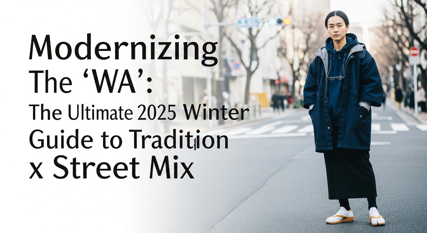 東京のストリートで、ネイビーの羽織風テクニカルジャケットをパーカーの上から羽織り、足袋スニーカーを履いた日本人モデルの全身ショット