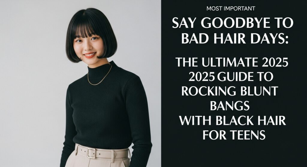 2025年のトレンドファッションに身を包み、おしゃれな黒髪パッツンスタイルで微笑む10代の日本人女性。