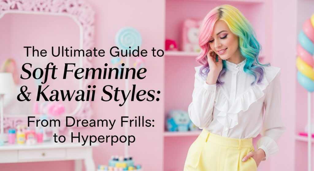 虹色のオンブレヘアの女性が、白いフリルのブラウスとパステルイエローのショートパンツを着用し、明るいキャンディーカラーの部屋で優しく微笑んでいる、カワイイファッションのイメージ。