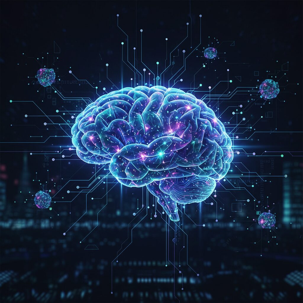 暗く未来的な背景に、光を放つ相互接続されたノードを持つデジタル脳。高度なAIの思考と推論を象徴している。