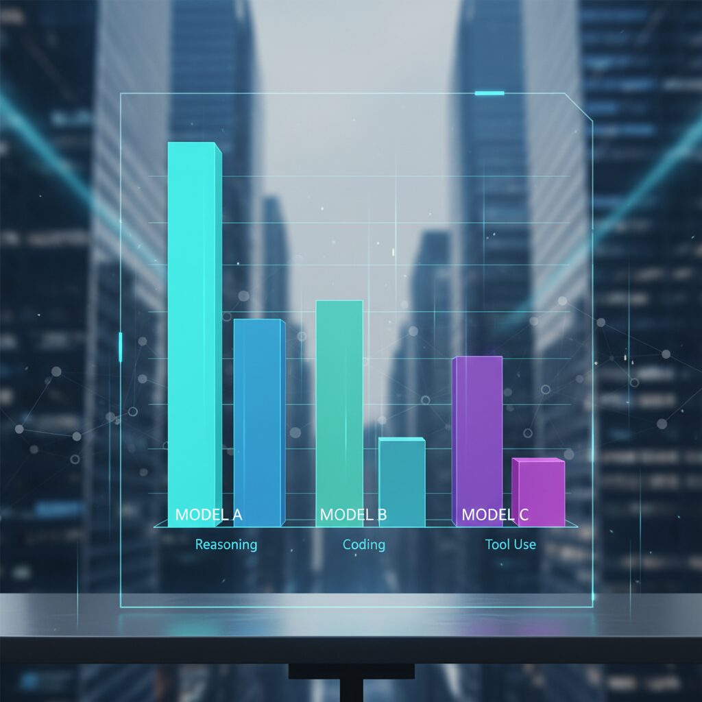 AIモデルの性能を比較する未来的なホログラフィックチャート。推論、コーディング、ツール使用などのカテゴリーでKimi K2-Thinkingの棒グラフがGPT-4やClaude 4.5 Sonnetよりも大幅に高いことを示している。