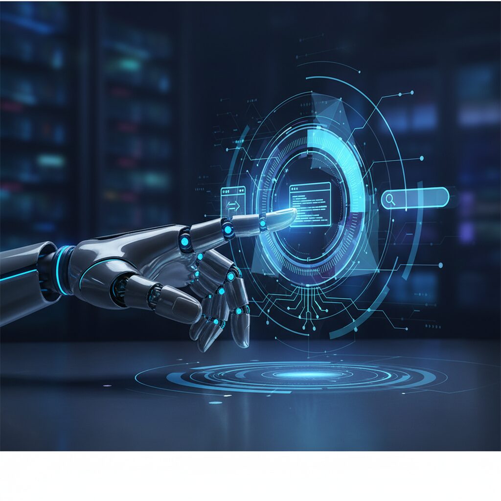 洗練されたロボットの手が、ブラウザ、コードエディタ、検索アイコンなど様々なデジタルツールを操作する、ダイナミックで多層的なホログラフィックインターフェースを操作している。高度なAIエージェント能力を表現。
