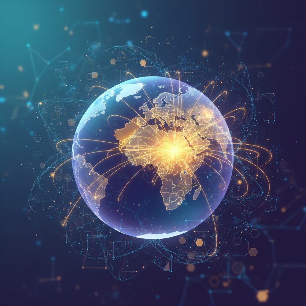 光る線で国々が結ばれた地球儀。特に中国が強調され、世界のAI情勢におけるその台頭する影響力を象徴している。周囲には微かなデータストリームが流れている。