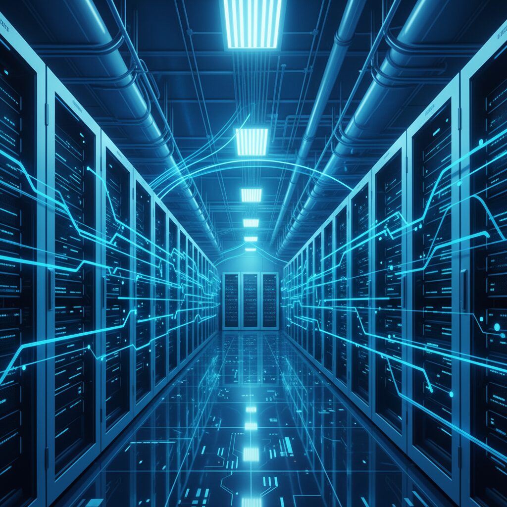 最先端のデータセンターが冷たい青い光で輝き、高い効率性と低い運用コストを表現している。サーバーラックには抽象的なデータフローが流れている。