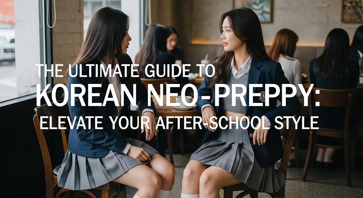 グレーのプリーツミニスカートとクロップド丈の白シャツ、ネイビーのブレザーを着て、ソウルのカフェでおしゃべりする二人の女子高生。