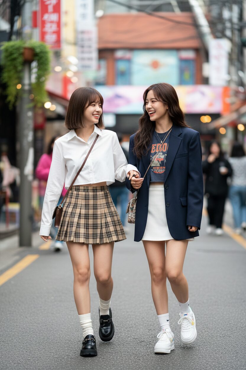 ソウルの弘大（ホンデ）の活気ある通りを歩く、二人の日本人女子高生の全身ストリートスナップ。「ネオプレッピー」スタイルで、一人はクロップド丈の白シャツにローライズのチェック柄プリーツミニスカート、厚底ローファーとルーズソックスを合わせている。もう一人はオーバーサイズの紺ブレザーの中にグラフィックTシャツを着て、白のテニススカートと厚底スニーカーをコーディネートしている。