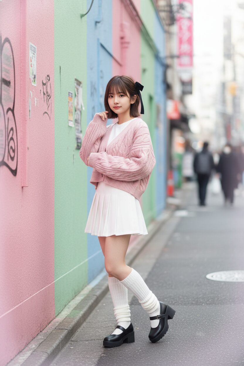 原宿の裏通りにあるパステルカラーの壁の前でポーズをとる、10代後半の日本人女性。「バレエコア」をミックスした「ネオプレッピー」スタイルで、淡いピンクのクロップドカーディガン、白のプリーツミニスカート、厚底のメリージェーンに白いレッグウォーマーを合わせ、髪にはリボンを結んでいる。