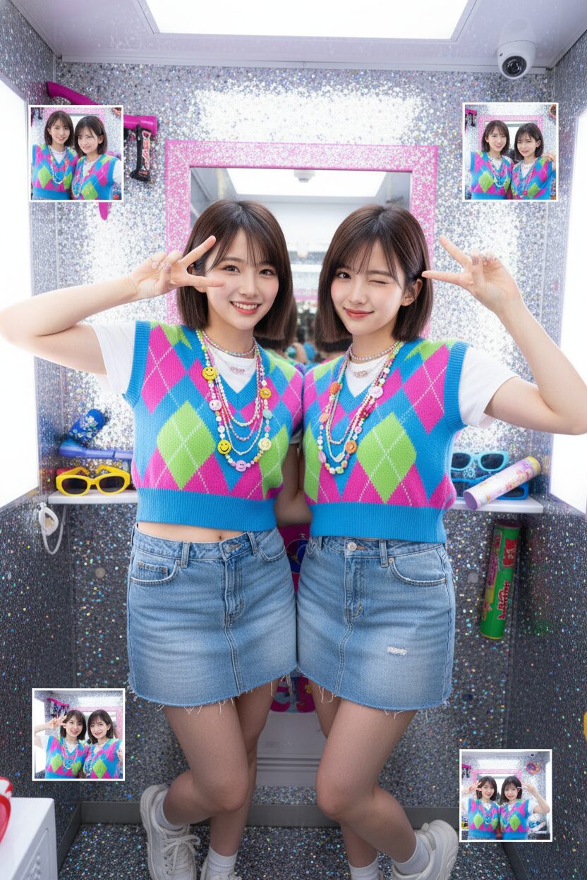お揃いの「Y2Kネオプレッピー」コーデでプリクラを楽しむ親友二人。クロップド丈のアーガイル柄ニットベスト、ローライズのデニムミニスカート、カラフルなビーズネックレスをお揃いで着ている。一人はピースサインをし、もう一人はカメラに向かってウインクしている。