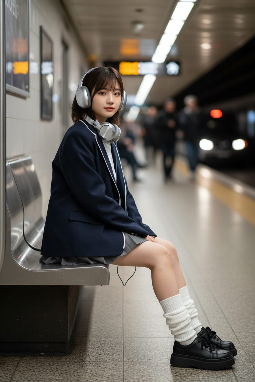 地下鉄のベンチに座り、首にかけたオーバーサイズのシルバーのヘッドホンで音楽を聴く、クールでスタイリッシュな日本人女性。オーバーサイズの制服ブレザー、短いプリーツスカート、ルーズソックス、黒の厚底スニーカーを身につけている。その表情はシックで自信に満ちている。