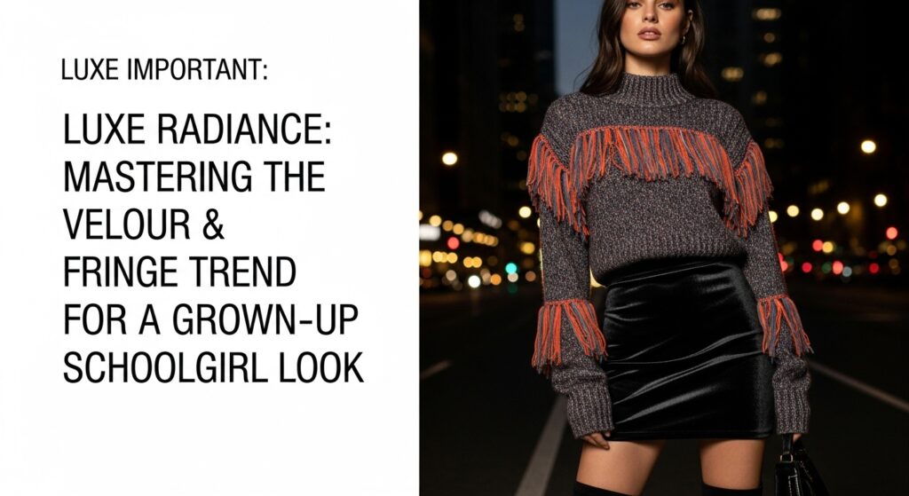 光沢のあるベロア素材のミニスカートとフリンジニットを着用し、夜の街でポーズをとる女性