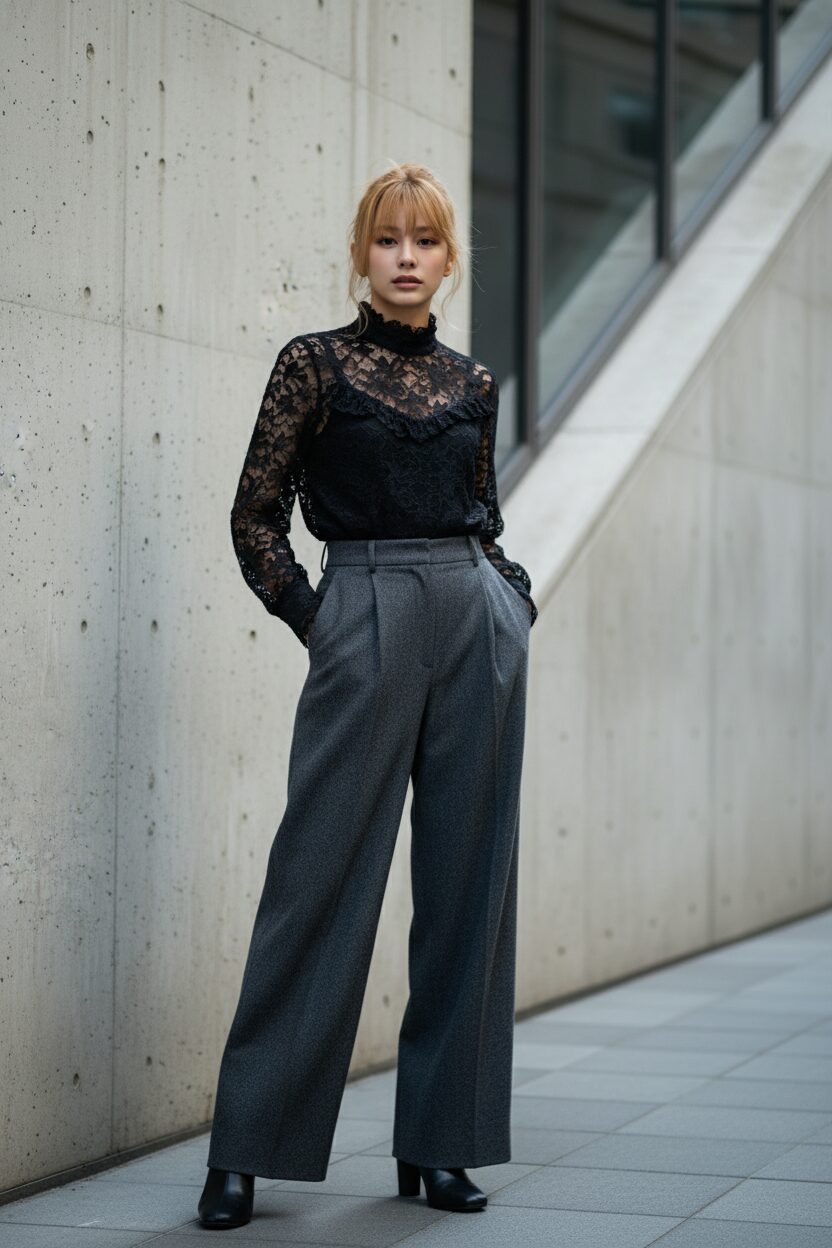 コンクリート打ちっぱなしの背景で、ハイネックの黒レースブラウスをチャコールグレーのワイドウールパンツに合わせた日本人女性。